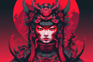 Leonardo Style, illustration, female samurai fairy head, ,oni style ,mecha,vaporwave style, dark tones, red and black