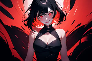 absurdres, highres, ultra detailed, (1girl:1.3),BREAK, infrared photography, otherworldly hues, surreal landscapes, unseen light, ethereal glow, vibrant colors, ghostly effect, unique pose, cleavage, medium_breasts, sadistic smile, short dress, black hair, very detailed black dress, red black background, mute midtones 