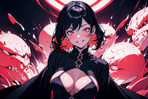 absurdres, highres, ultra detailed, (1girl:1.3),BREAK, infrared photography, otherworldly hues, surreal landscapes, unseen light, ethereal glow, vibrant colors, ghostly effect, unique pose, cleavage, medium_breasts, sadistic smile, short dress, black hair, very detailed black dress, red black background, mute midtones 