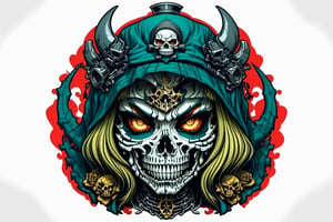 Leonardo Style, illustration, female skull gangster head, ,oni style