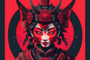 Leonardo Style, illustration, female samurai fairy head, ,oni style ,mecha,vaporwave style, dark tones, red and black