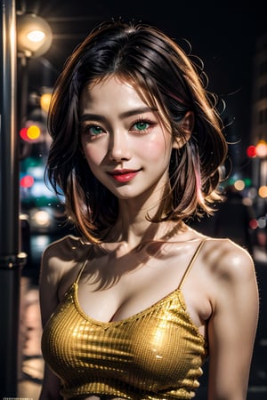 A beautiful pink head girl with emerald green eyes, smile, facial details, eye details, hair details, no_clothes, background of a cyberpunk street, night. Detailedface, Detailedeyes, detailedhair,  .,perfecteyes,asian girl, medium_breasts, seductive pose