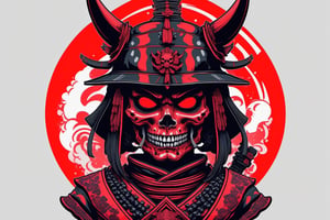 Leonardo Style, illustration, solo female samurai skull ,oni style ,vaporwave style, red and black only,vector art