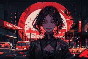 Mystical female Samurai gangster, perfecteyes, red theme , mute mild tones, limited colour palette , facing front, dark background, black hair, black revealing dress, wicked smile, upper body shot