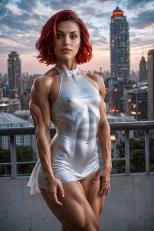 score_9, score_8_up, score_7_up, digital photo, (1Girl:1.9), beautiful, 1red hair, tiny white dress, skin tight, (thick muscular body:1.14), (highly detailed muscles:1.26), city of new york, insane resolution, incredibly realistic, artistic angle, dynamic angle, high contrast, dark shadows, vibrant lighting, highly detailed, detailed skin, depth of field, Extremely Realistic