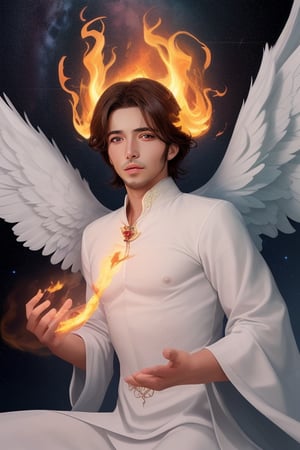 angel, querubin, de fuego, hermoso, hombre,
 celestial, con alas grandes, ojos de fuego, de gran pureza, mirada penetrante, imagen de alta calidad

