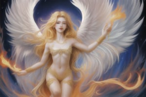 Angel con alas de fuego, realista, descendiendo del cielo, en alta definicion