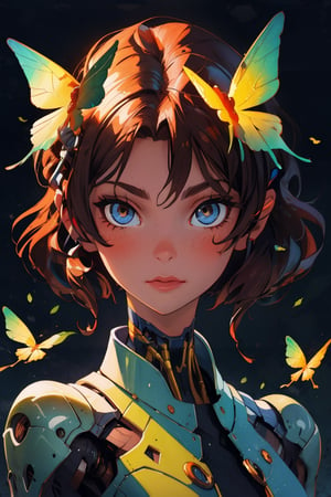 8k portrait of beautiful cyborg with brown hair, intricate, elegant, highly detailed, majestic, digital photography, art by artgerm and ruan jia and greg rutkowski surreal painting gold butterfly filigree, broken glass, (masterpiece, sidelighting, finely detailed beautiful eyes: 1.2), hdr, (detailed background window to a new dimension, plants and flowers:0.7)  infinity, infinite symbol,fantchar