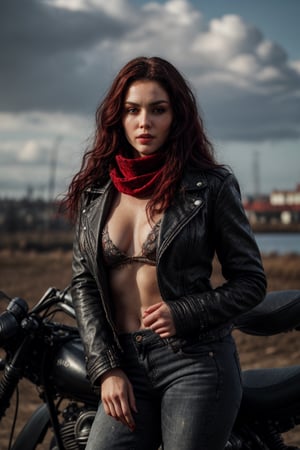 Create a beautiful russian woman gazing at viewer.women have bright red velvet hair, grey beautiful eyes , lower face part covered with biker scarf, dark eyebrows, long curl hair, age 25, black jacket , black jeans , feeling dangerous, background of smokes surrounding her.photo realistic , high detailed,perfect fingers, high heels.,perfecteyes