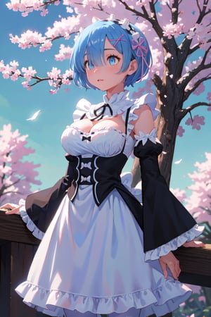 Women,background beauty sky , masterpiece,best quality,raw photo,tree sakura, crystal eyes,eye blue , crystal ,aarem, short hair, maid headdress, x hair ornament, hair ribbon, hair over one eye, large breasts, frills, neck ribbon, cleavage, dress, detached sleeves, white apron, waist apron, white pantyhose