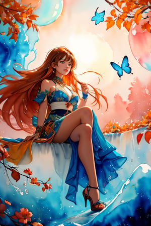 Colorful beautiful woman, Black ink flow, 8k resolution photorealistic masterpiece, intricately detailed fluid gouache painting, calligraphy acrylic, watercolor art, professional photography, natural lighting, volumetric lighting maximalist photoillustration, 8k resolution concept art intricately detailed, complex, elegant, expansive, fantastical,1 girl, quad_tone with orange hue, messy long hair, sitting in a misty dense forest, large foliage, very windy, large floating soap bubbles and butterflies, depth_of_field, closeup portrait, dynamic angle, watercolor \(medium\) high heels, crystal, ,watercolor \(medium\),