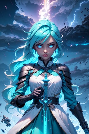 1 queen of thunder, beautiful face, very long glitter cyan hair, bright cyan eyes, wearing a lightning style white-blue dress, detailed dress with filigree lightning style, stormy, Iceland location, r1ge, blizzard storm background, weapon, holding a long thunder magic sword, raining, white theme