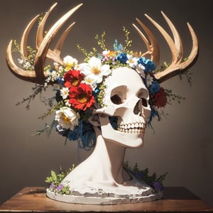 Alcé antlers,upper body,The image features a detailed sculpture of a woman's head, complete with a skull as the base. The skull is adorned with flowers, adding a unique and artistic touch to the sculpture. The woman's head is positioned in the middle of the sculpture, creating a striking visual contrast between the delicate flowers and the solid skull. The sculpture is placed on a white pedestal, drawing attention to the intricate details and craftsmanship of the piece.,Color Booster