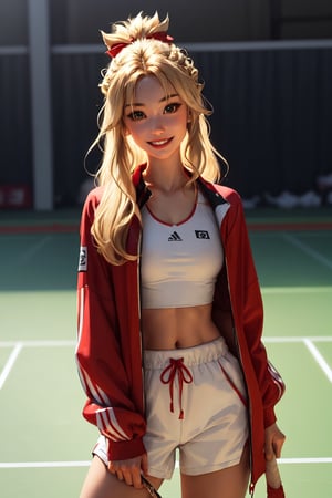 1girl,solo, looking at viewer, badminton background, long blonde hair , parted lips, light smile, dark eyes, badminton clothes, red ribbon on hair, hands behind back, posing, mordred pendragon,SAM YANG