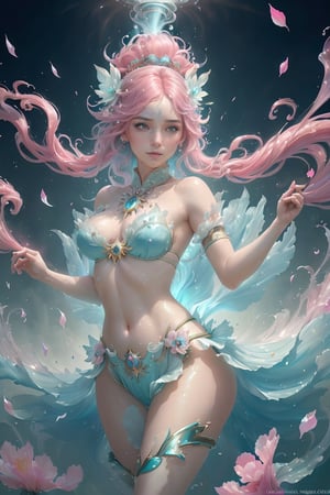 (masterpiece,best quality:1.2),Beatiful steam-like sensual woman with aquamarine and pink flowy hair and body resembling steam, work of beauty and complexity,  ghostcore, prismatic glow elements, fluidity, detailed face, 8k UHD ,A girl dancing,  alberto seveso style, flower petals flying with the wind,Sci-fi ,