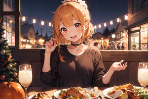 A horizontal anime-style illustration of Thanksgiving night. A single girl is sitting, her eyes sparkling with excitement in front of a turkey. She is wearing a choker. The composition focuses on the turkey at the center with a close-up of the girl, capturing her anticipation and joy of the festive moment. The setting is warm and inviting, reflecting the cozy and joyful spirit of Thanksgiving.