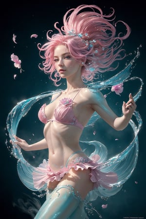 (masterpiece,best quality:1.2),Beatiful steam-like sensual woman with aquamarine and pink flowy hair and body resembling steam, work of beauty and complexity,  ghostcore, prismatic glow elements, fluidity, detailed face, 8k UHD ,A girl dancing,  alberto seveso style, flower petals flying with the wind,Sci-fi ,