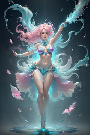 (masterpiece,best quality:1.2),Beatiful steam-like sensual woman with aquamarine and pink flowy hair and body resembling steam, work of beauty and complexity,  ghostcore, prismatic glow elements, fluidity, detailed face, 8k UHD ,A girl dancing,  alberto seveso style, flower petals flying with the wind,Sci-fi ,