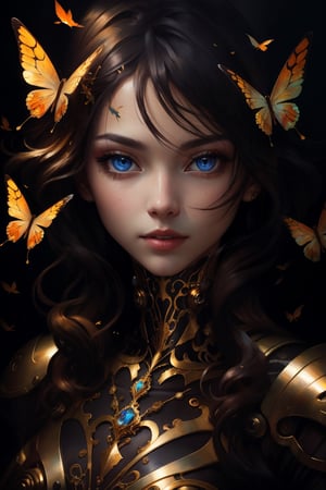 8k portrait of beautiful cyborg with brown hair, intricate, elegant, highly detailed, majestic, digital photography, art by artgerm and ruan jia and greg rutkowski surreal painting gold butterfly filigree, broken glass, (masterpiece, sidelighting, finely detailed beautiful eyes: 1.2), hdr, (detailed background window to a new dimension, plants and flowers:0.7)  infinity, infinite symbol,fantchar