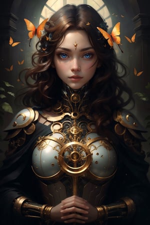 8k portrait of beautiful cyborg with brown hair, intricate, elegant, highly detailed, majestic, digital photography, art by artgerm and ruan jia and greg rutkowski surreal painting gold butterfly filigree, broken glass, (masterpiece, sidelighting, finely detailed beautiful eyes: 1.2), hdr, (detailed background window to a new dimension, plants and flowers:0.7)  infinity, infinite symbol,fantchar