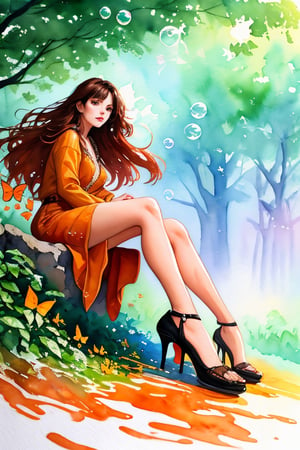 Colorful beautiful woman, Black ink flow, 8k resolution photorealistic masterpiece, intricately detailed fluid gouache painting, calligraphy acrylic, watercolor art, professional photography, natural lighting, volumetric lighting maximalist photoillustration, 8k resolution concept art intricately detailed, complex, elegant, expansive, fantastical,1 girl, quad_tone with orange hue, messy long hair, sitting in a misty dense forest, large foliage, very windy, large floating soap bubbles and butterflies, depth_of_field, closeup portrait, dynamic angle, watercolor \(medium\) high heels, crystal, ,watercolor \(medium\),