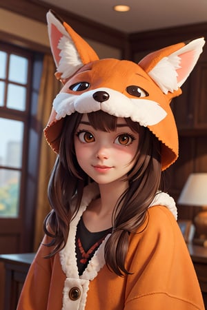 1girl, caucasian, adult, indoors, colorful, (cute fox costume), ultra realistic, best quality, ultra detailed, average girl, upper body, closeup