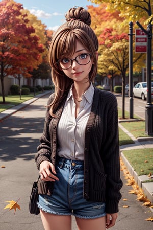 Beautiful realistic anime girl with long brown hair, pulled up in a bun, glasses, wearing a white blouse, black cardigan, and shorts, outside in autumn, leaves falling around her, looking at the camera, using magic, light smile, 8k masterpiece, ultra realistic, UHD, highly detailed, best quality