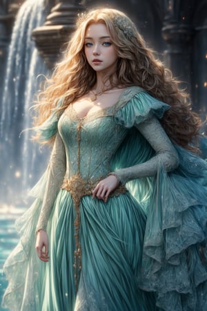 ((best quality)), ((masterpiece)), ((best illustration)), ((anime artwork)), Odette from the swan princess, long cascading blonde hair, long hair, curly hair, detailed green eyes, bright green eyes, Wearing alluring medieval-styled dress, flowing white dress with teal puffed sleeves and teal belt, dress enhanced by intricate details, wearing gold heart-shaped locket, Alluring, sweet, on eye level, scenic, masterpiece, 1 girl, hyperdetailed face, full lips, background is stone bridge and waterfall