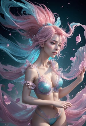 (masterpiece,best quality:1.2),Beatiful steam-like sensual woman with aquamarine and pink flowy hair and body resembling steam, work of beauty and complexity,  ghostcore, prismatic glow elements, fluidity, detailed face, 8k UHD ,A girl dancing,  alberto seveso style, flower petals flying with the wind,Sci-fi ,