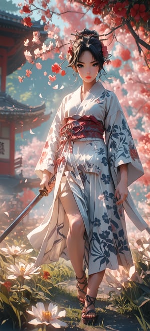 score_9_up score_8_up score_7_up, female_solo, slender hot body proportion, looking at viewer, beautiful japanese girl, highly detailed beautiful face and eyes, one knee, holding up his sword in the air, (wearing highly detailed yukata, floral ornaments), full-body shot, depth_of_field,  background of a medieval japanese city,HKWARRIOR,wide sleeves,obijime,floral print