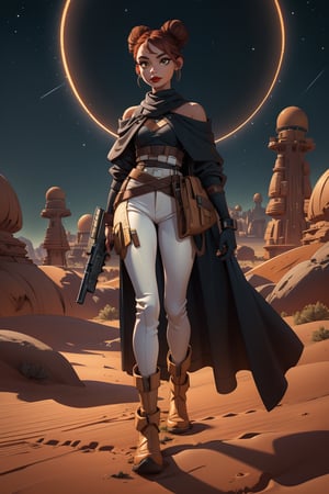 Ariona S, walking confidently in the desert city of Mos Espa, Tatooine. She's dressed to impress in an off-the-shoulder white shirt, dark grey leather pants, and a black suit vest, with a brown holster on her right side and dark brown boots. Her red hair is tied back in a bun, framing her beautiful face with perfect features and piercing hazel eyes. A subtle smirking smile plays on her lips, adorned with bright red lipstick and delicate eyeliner.

In the background, the ultra-detailed desert scenery stretches out into the night, with dramatic rim lighting casting long shadows across the sand. The high-contrast lighting accentuates the textures of the terrain, creating a sense of depth and dimensionality. In the distance, the starry night sky twinkles like diamonds against the dark blue canvas.

In her right hand, she expertly holds a hand gun, adding to the overall sense of danger and allure. The atmosphere is charged with tension, as if she's always ready to smuggle something valuable under the cover of darkness.