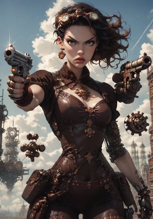 score_9_up score_8_up score_7_up, 1girl,  medium black hair, hazel eyes, cyborg steampunk hybrid, android, (mechanical arms, mechanical legs, cyborg, prosthesis),(holster,harness, two steampunk handguns), intricate corset, pointed handguns, action, action_pose, viewed_from_side, depth_of_field, detailled background, steampunk city, dystopian city, clear blue Sky, steampunk aircraft ,DonMSt34mPXL, steampunk