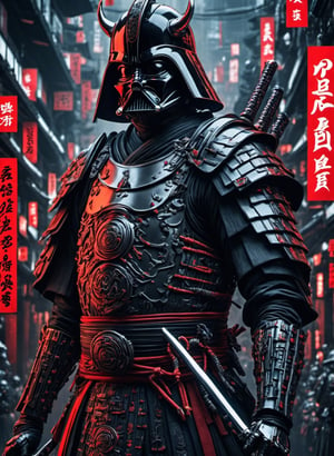 (8k uhd, masterpiece, best quality, high quality, absurdres, ultra-detailed, detailed background), (a Japanese Darth Vader samurai with great sword, walking across a bunch of Japanese stormtroopers samurai), (full body:1.4), (beautiful, aesthetic, perfect, delicate, intricate:1.2), (color scheme: black), (size and shape of great sword: Daishō, massive and double-edged), (type of armor: oni style helmet, bone and leather), (environment: ancient Japan street, outside, cyberpunk), perspective: slightly low angle to emphasize the warrior's power, lighting: dramatic, with a spotlight illuminating the warrior's face and sword, depth of field: shallow, with the warrior in sharp focus and the fiery background slightly blurred,cyborg style,Movie Still, Cyberpunk,cyborg