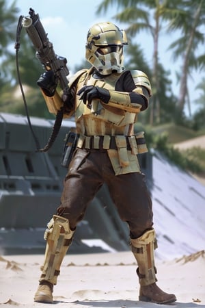 from Star Wars, (masterpiece, 8k, best quality:1.4), (beautiful, aesthetic, perfect, delicate, intricate:1.2),(poorly_lit_factory_plant, depth of field),  (high contrast), (nsfw), 1 soldier, (exact_same_helmet:1.3), full body photo from star wars storm trooper soldier, (sand_colored helmet, sand_colored_breastplate, sand_colored_right_shoulder_guard, sand_colored_left_shoulder_guard_with_a_shite_stripe, sand_colored_arm_guard,  red_colored_right_bicep_guard, sand_colored_tibiae's_guard, dark_brown_pants, dark_brown_leather_boots), (black_heavy_gun_stock:1.3), full body,