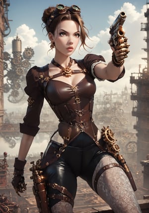 score_9_up score_8_up score_7_up, 1girl, cyborg steampunk hybrid, android, (mechanical arms, mechanical legs, cyborg, prosthesis),  medium black hair, hazel eyes, (holster,harness, two steampunk handguns), intricate corset, pointed handguns, action, action_pose, viewed_from_side, depth_of_field, detailled background, steampunk city, dystopian city, clear blue Sky, steampunk aircraft ,DonMSt34mPXL, steampunk