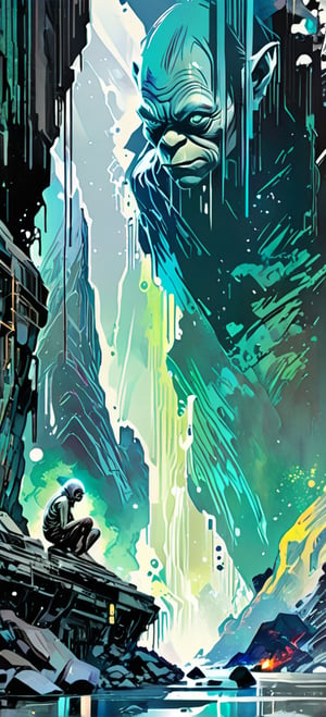 Gollum, urban Comics, grey ornaments, Marvel, sci fi, highly technology, iconographic, glitch background, , watercolor, ink, mist, interactive image, highly detailed, art style by Clayton Crain + Ross Tran + Rachel Walpole + Jeszika Le Vye + Dan Volbert + Simon Stalenhag + Brian Stelfreeze