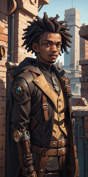 1man, solo, african, afro hair cut, Miles Morales, An adventurous black male in a steampunk-style outfit,Realistic, (masterpiece 1.2), (ultra Max high quality 1.2), (high_resolution 4k), (high detailed face), high-res CG textures., An adventurous black male in a steampunk-style outfit, engineer, with a clockwork steampunk baby dragon , Detailedface,marika,defTifa,Detailedface,Kafka(hsr),hmmikasa