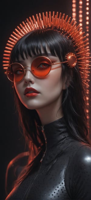 a woman wears and wears black dots on her head, in the style of futuristic fantasy, 3d, metallic sculpture, elegant, emotive faces, dark Orange and red and light silver,her eyes wearin a futuristic sun glasses algorithmic artistry, high resolution