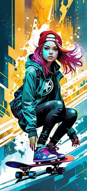 Skateboarding girl, urban Comics, gold ornaments, Marvel, sci fi, highly technology, iconographic, glitch background, , watercolor, ink, mist, interactive image, highly detailed, art style by Clayton Crain + Ross Tran + Rachel Walpole + Jeszika Le Vye + Dan Volbert + Simon Stalenhag + Brian Stelfreeze