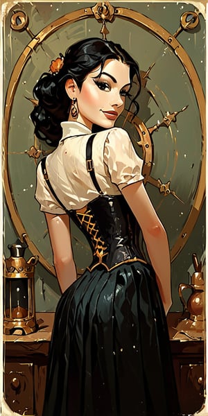 score_9, score_8_up, score_7_up, masterpiece, best quality, steampunk aesthetic, photograph from side of a sexy brunette woman leaning into the engine compartment of a complicated flying machine. she is wearing a copper colored mini pleated skirt and black corset, she is using a wrench. She is looking back over her shoulder at the viewer, long black hair framing her sultry face, her slight smile and perfecteyes lending an air of mystery. Her lithe body bending over to work on the intricate engine, she accentuates the curve of her ass