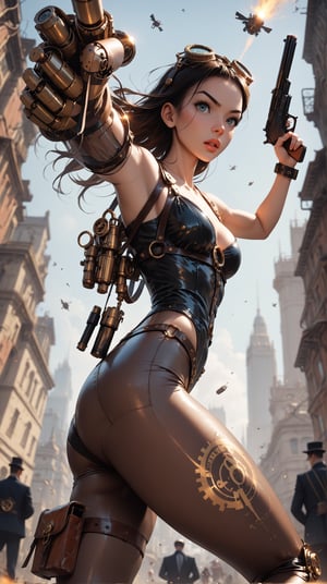 score_9_up score_8_up score_7_up, 1girl, cyborg steampunk hybrid, android, (mechanical arms, cyborg, prosthesis),  (holster,harness, one steampunk handgun), corset, pointing handgun,action, action_pose, viewed_from_side,low-angle_shot,  depth_of_field, steampunk city, London, smog,DonMSt34mPXL,