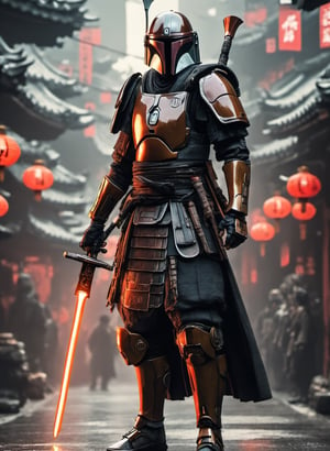 (8k uhd, masterpiece, best quality, high quality, absurdres, ultra-detailed, detailed background), (full body:1.4), (a Japanese Mandalorian samurai with an heavy blaster, walking), (beautiful, aesthetic, perfect, delicate, intricate:1.2), (color scheme: black), (type of armor: oni style helmet, black eyes, bone and leather), (environment: ancient Japan street, outside, cyberpunk, Cyberpunk,), perspective: slightly low angle to emphasize the warrior's power, lighting: dramatic, with a spotlight illuminating the warrior's face and sword, (depth of field: shallow, with the warrior in sharp focus and the fiery background slightly blurred), cyborg style,Movie Still, cyborg,steampunk style