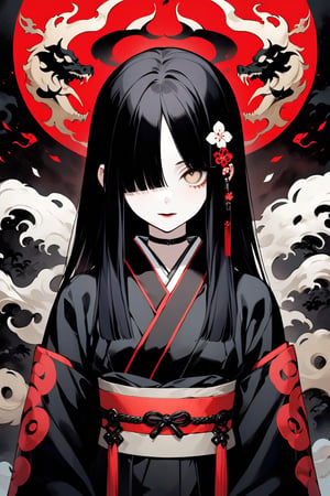 score_9,score_8_up, masterpiece, in the style of a hanafuda deck, young anime yurei girl, 25yo, hazel eyes, black on white smoke layer, long straight black hair over eyes obscuring one eye, long black hair, wearing a see-through kimono, Hair over eyes, pale skin, bare feet, fight stance in a dark forest, (dark + gothic, + foreboding background:1.4), more detail XL,dark aura,Anime Style,k1m0n0, Japanese Hanafuda background. upper body, luxurious japanese room, ((masterpiece: 2)), stunning image, ink art,Japanese pattern, FuturEvoLabKimono