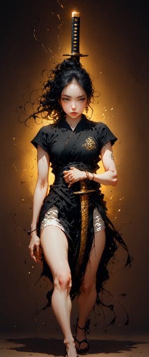 A striking  black haired Japanese woman standing confidently in a minimalist yellow background with a kakemono where you can read the text "SHUNKAHA",parchment, her long black hair flowing down her back. She wears a traditional kimono and high heels, showcasing her toned legs. Her eyes gaze directly at the viewer, with a hint of intensity. A katana sword rests against her hip, its sheath adorned with intricate designs. Her arms are adorned with tattoos, one on her forearm and another on her upper arm. She wears earrings and a bracelet, complementing her bold makeup. legs spread, pelvis curtain,as she holds the sword at the ready, exuding confidence and strength.,#18+ Content,#Adult,#Fan Art,#SDXL,#Realistic,#Manga,#Hentai,#mature,#Cartoon,#Anime