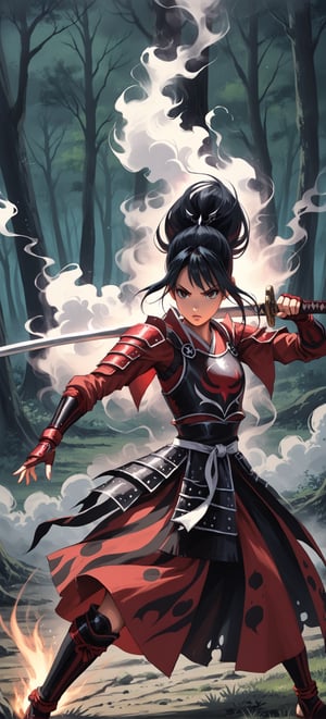 (ethereal dark tale by Nicola Samori, JC Leyendecker), young anime girl, fight stance in a dark forest, battoujutsu, dark red armor, chrysanthemum decoration, black on white smoke layer, barefeet, (dark + gothic, + foreboding background:1.4), more detail XL,samurai,holding_sword