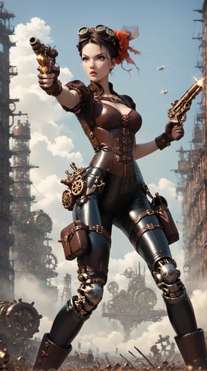 score_9_up score_8_up score_7_up, 1girl, cyborg steampunk hybrid, android, (mechanical arms, mechanical legs, cyborg, prosthesis),  medium black hair, hazel eyes, (holster,harness, two steampunk handguns), corset, pointed handguns,action, action_pose, viewed_from_side, depth_of_field, detailled background, steampunk city, dystopian city, clear blue Sky, steampunk aircraft ,DonMSt34mPXL, steampunk