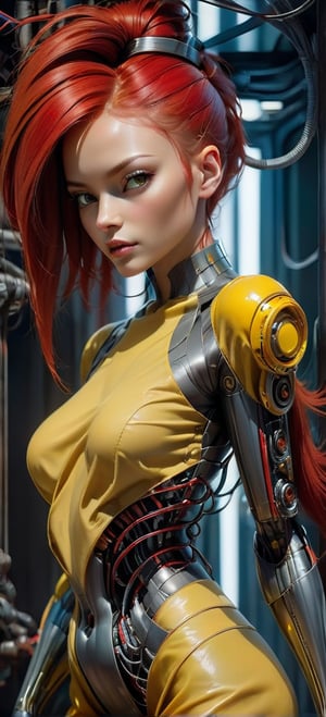 Please create a masterpiece, stunning beauty, perfect face, epic love, Slave to the machine, full-body, hyper-realistic oil painting, red hair, yellow vibrant colors, Body horror, wires, biopunk, cyborg by Peter Gric, Hans Ruedi Giger, Marco Mazzoni, dystopic, golden light, perfect composition, col