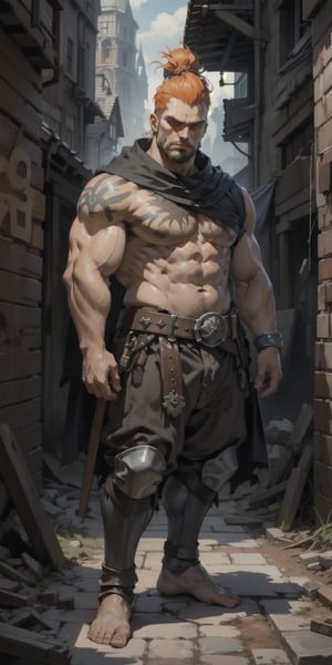 Create a detailed image of a young dwarf Slayer in the world of Warhammer Fantasy Roleplay, set in the city of Mordheim. He is really short, 5 feet tall, half the size of a human, but muscular and robust, with a bright orange mohawk cut and a long thick beard braided into knots. His torso is bare, displaying numerous runic tattoos and battle scars. He is bare feet. He wears studded leather bracers and a belt with war axes attached. His eyes convey fierce determination and a thirst for redemption. In the background, depict the ruined cityscape of Mordheim with crumbling buildings and dark, ominous skies. The lighting should be dramatic, with shadows accentuating his fierce expression and the details of his muscles and tattoos, perfect hands, (detailed face, detailed skin texture, area lighting, HD, 8k, best illumination, ((full_body)), (medieval backgound), Dark_Mediaval,oil painting