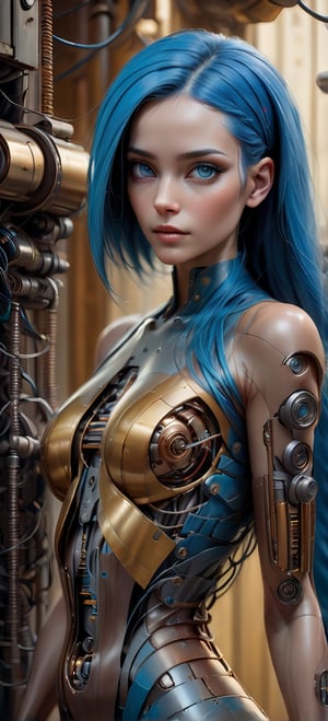 Please create a masterpiece, stunning beauty, perfect face, epic love, Slave to the machine, full-body, hyper-realistic oil painting, blue hair, brown vibrant colors, Body horror, wires, biopunk, cyborg by Peter Gric, Hans Ruedi Giger, Marco Mazzoni, dystopic, golden light, perfect composition, col