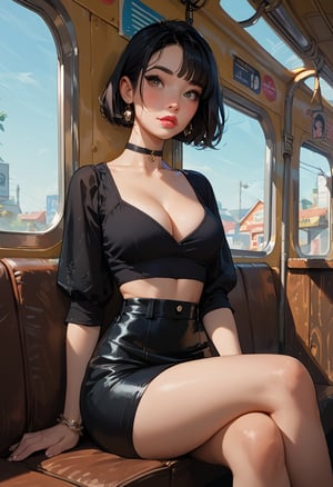 score_9, score_8_up, score_7_up, score_6_up,  1girl, milf, gorgeous girl , kawai girl , cute face, cute girl, black hair, bangs, hazel eyes, blushing, choker, black , wearing black crop top, sitting on train seat, lipstick, medium breast,  cleavage, skirt, big sexy thighs,  (slim fit),legs crossed, bubble ass